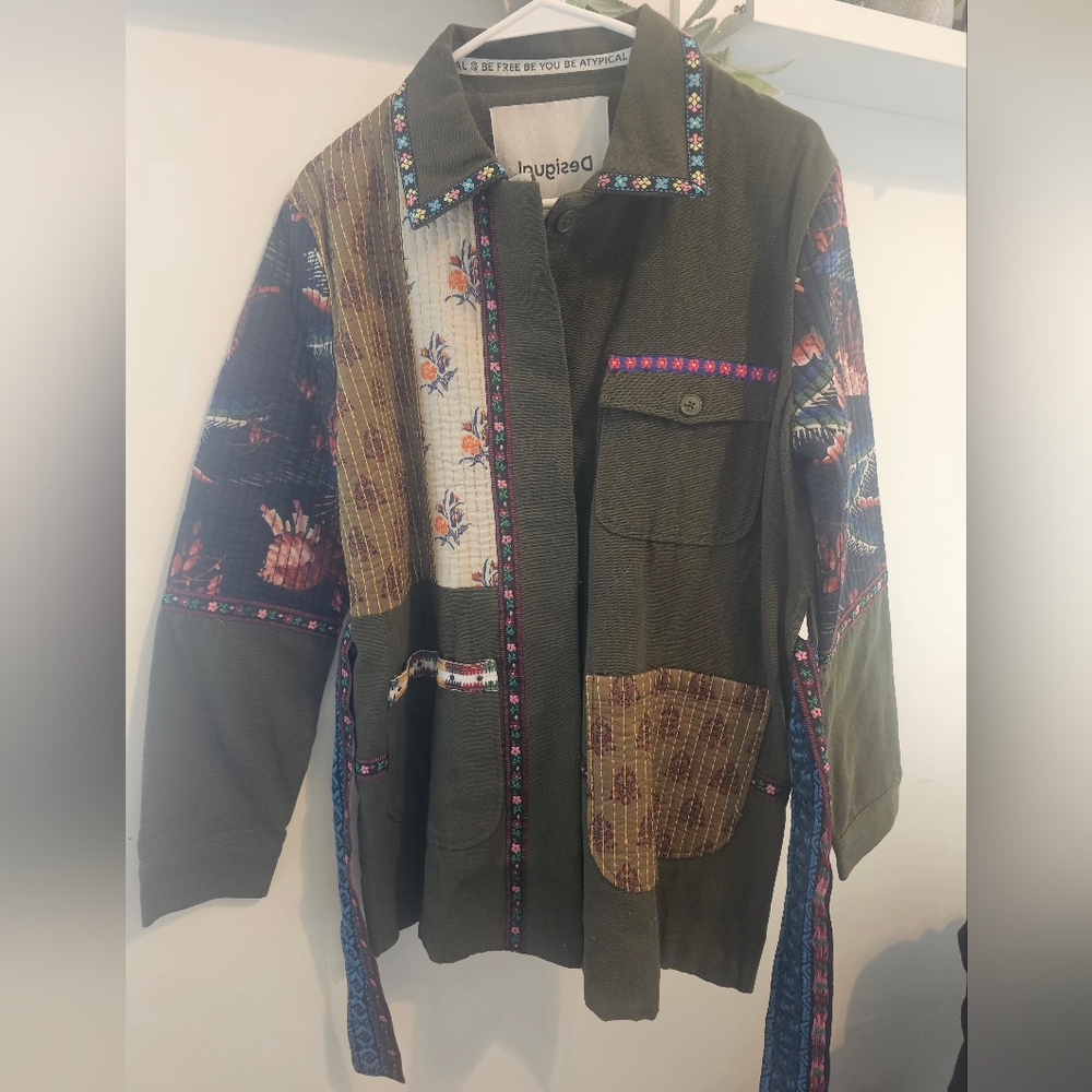 Desigual Olive Green Patchwork Embroidered Shirt Jacket